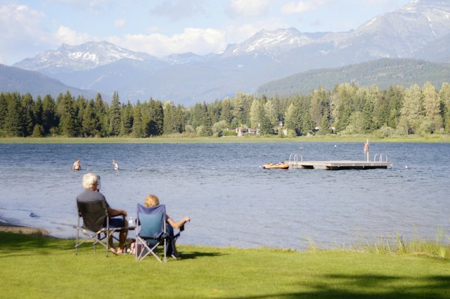 Two real estate investors enjoying a scenic lake view as they've collected passive income